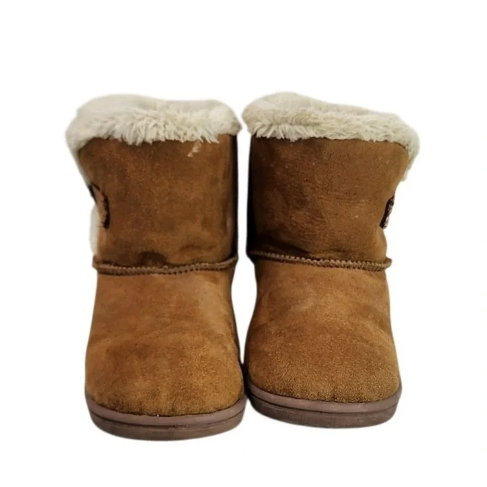 Kids Brown Faux Fur Lined Boots Heart Buckle Cozy‎ Winter Warm Size 8